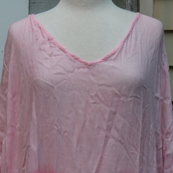 Pink Coral Ombre Viscose Short Sleeve V-Neck Long Shark Bite Hem Beach Coverup - Picture 2 of 7